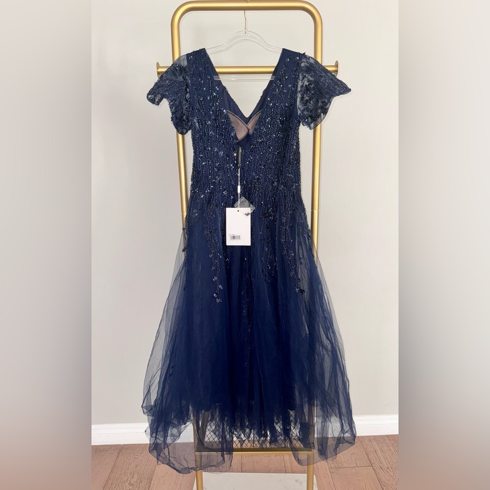 NEW MAC DUGGAL Embellished Flutter Sleeve Tea-Length Dress Midnight Navy 20304 - Picture 6 of 9